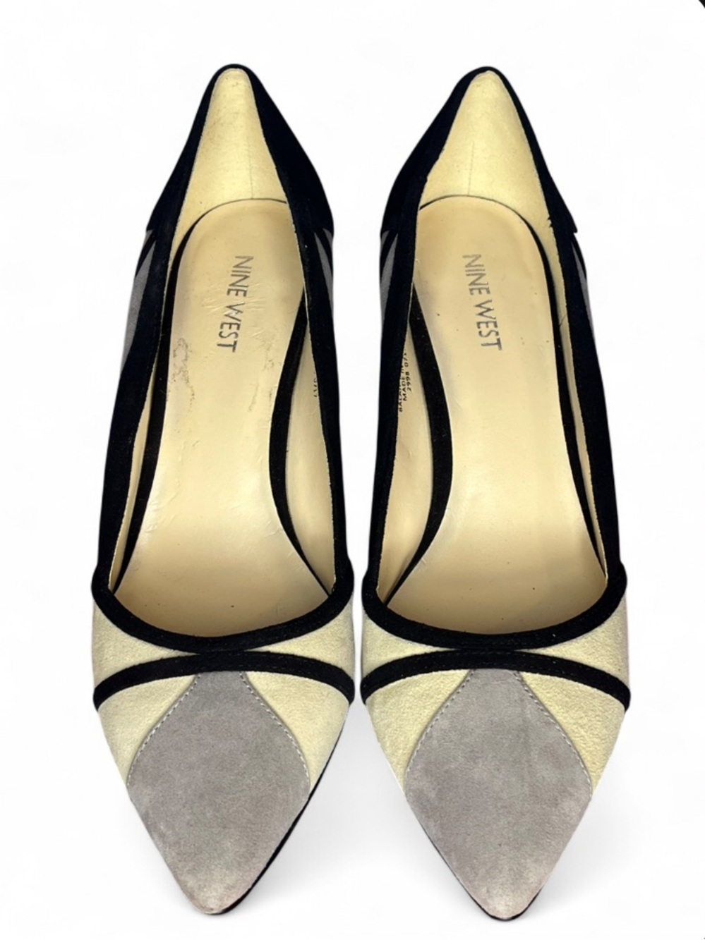 Nine West The Rock Black geometric pattern Gray and Cream Suede Pumps Sz 9.5